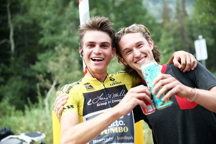 Sepp Kuss winner of the Queen Stage celebrates with his good friend, Sam Anderson-Moxley who won the Ultimate Challenge earlier in the day.  Stage 5 of the 2018 Tour of Utah, August 10, 2018. Photo by Cathy Fegan-Kim, www.cottonsoxphotography.net