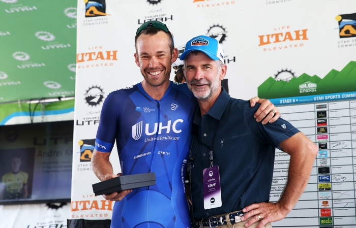 Tour of Utah’s gift to Jonny Clark (UHC). 2018 Tour of Utah Stage 6, August 12, 2018, Park City, Utah. Photo by Cathy Fegan-Kim, cottonsoxphotography.net