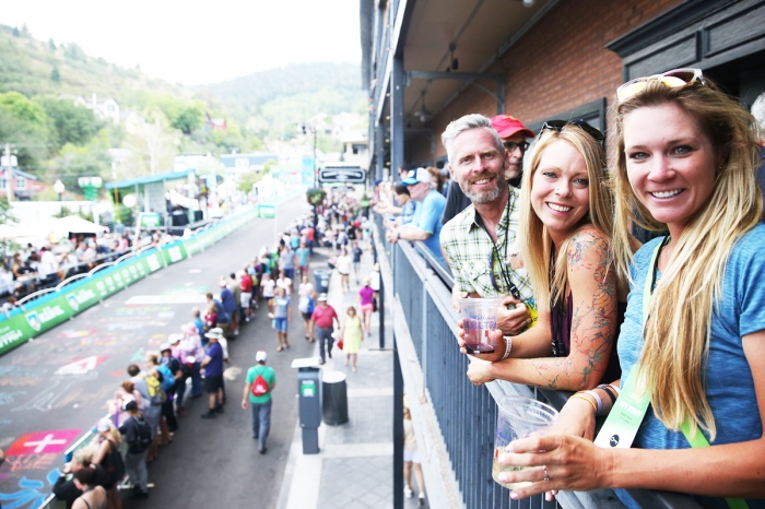 Tour of Utah ambassador, Alison Tetrick and The Ultimate Challenge race directors Breanne Nalder and Dave Harward enjoy drinks at the VIP before the finish.  2018 Tour of Utah Stage 6, August 12, 2018, Park City, Utah. Photo by Cathy Fegan-Kim, cottonsoxphotography.net