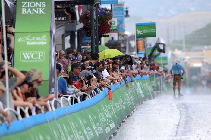The rain didn’t seem to dampen the crowds spirit as Sepp Kuss climbed the final miles of the race. 2018 Tour of Utah Stage 6, August 12, 2018, Park City, Utah. Photo by Cathy Fegan-Kim, cottonsoxphotography.net