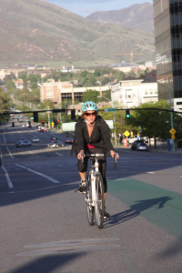 A rider commutes through downtown Salt Lake City on the first day of Bike Month. Photo: Dave Iltis