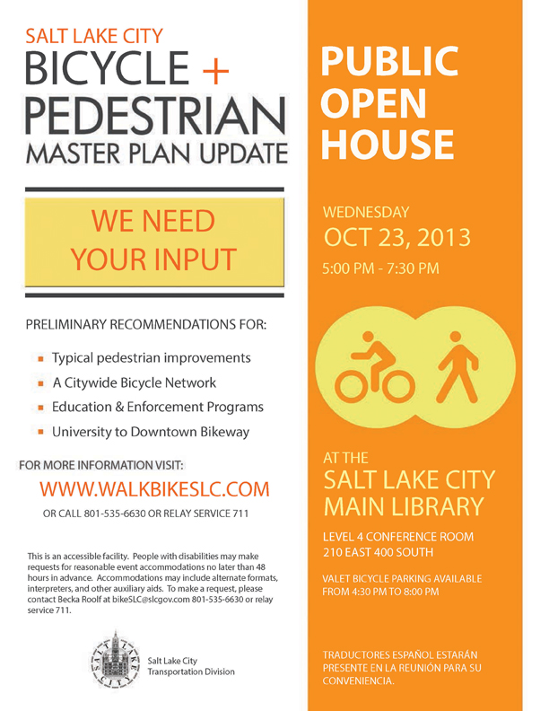 Salt Lake City to Host Open House for Upcoming Bicycle and Pedestrian Master Plan on October 23, 2013