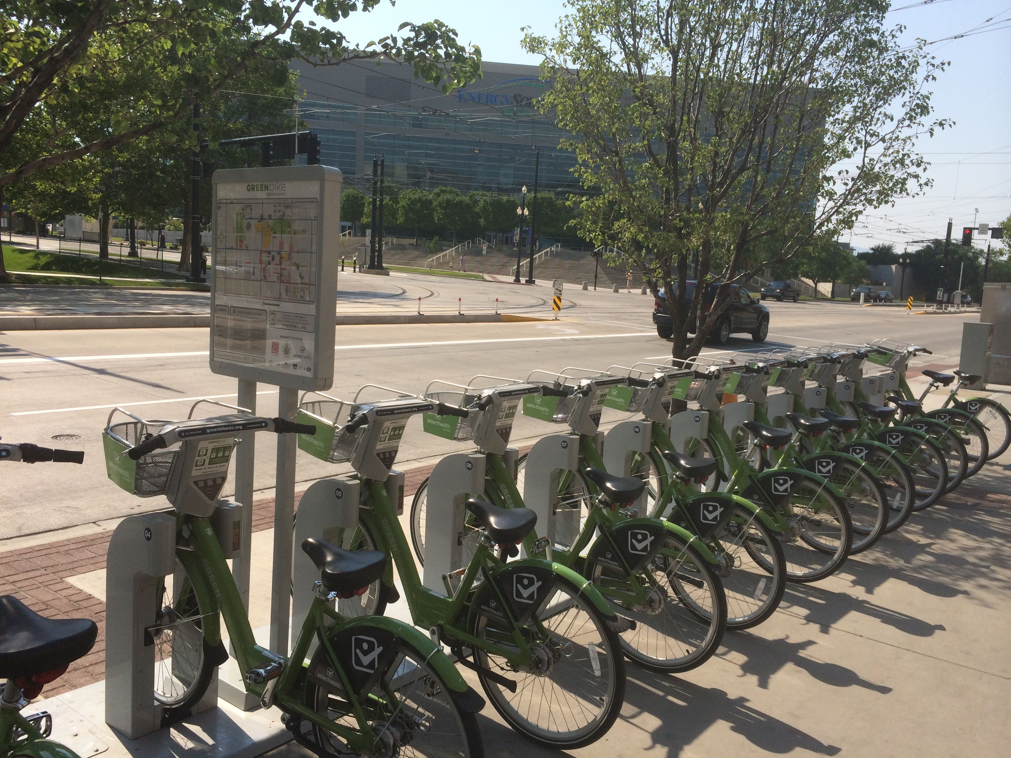 The new Greenbike station at 300 S and 400 E by Cityscape. Photo by Dave Iltis
