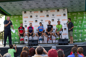 Cadel Evans (BMC), Chris Horner (Lampre-Merida), Tom Danielson (Garmin-Sharp), Jens Voigt (Trek Factory) and Ivan Basso (Cannondale) talks to Connor O'leary (who has raced for the Tour of Utah on the Bontrager-Livestrong team & is the winner of the Amazing Race) and Dave Towle. Photo by Cottonsoxphotography.com