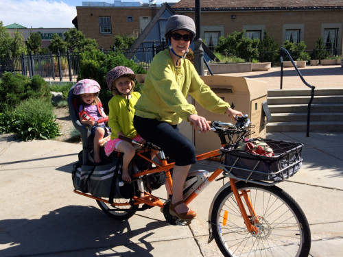Heather Khader commutes with her kids on a Yuba elMundo cargo bike. Photo: Karim Khader.