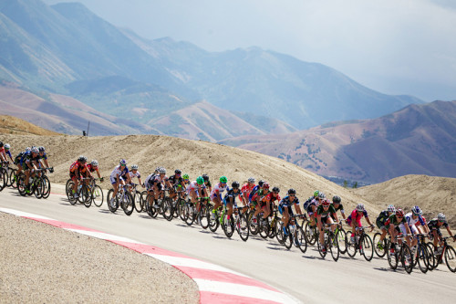 The peloton corners on the far side of Miller Motorsports Park in the