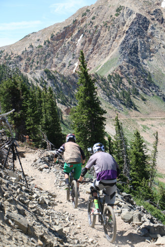 Two riders at the start of the Big Mountain Trail at Snowbird on July 14,