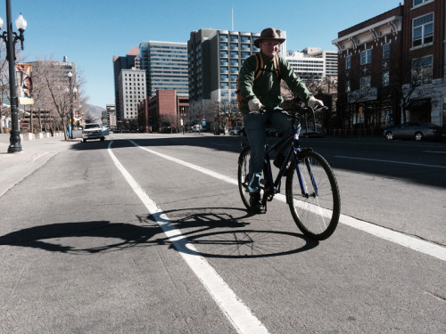 Bruce Ewert commuting in downtown Salt Lake City. Photo by Dave Iltis