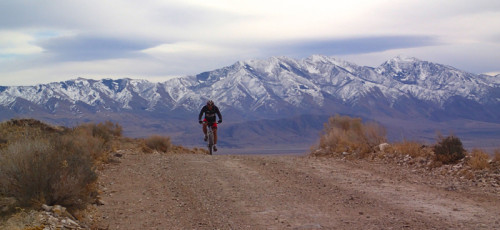 Some of the great scenery at the Wild Horse Dirt Fondo. Dave Gontrum begins the climb of the Hastings Cutoff Pass from the east side of the Cedar Mountain Wilderness. The climb gains about 950 feet over 3.3 miles, topping out at 5,775 feet. The Stansbury Mountains are in the background, about 15 miles to the east.