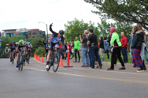 Mike Booth celebrates after winning the Pro/1/2 Men's race. The field sprint was contested by 41 riders. Photo by Dave Iltis
