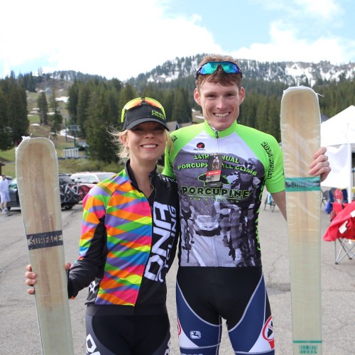 Breanne Nalder and Mitchell Peterson each won a pair of Surface skis for winning the Porcupine Big Cottonwood Hill Climb. Photo by Dave Iltis