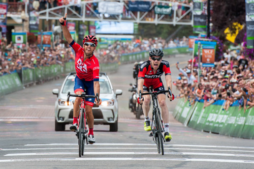 The fans go crazy as as  Norris (Drapac) outsprints Bookwalter (BMC)on an uphill finish on the streets of Park City  to win Stage 7, 2015 Tour of Utah, daverphoto.com