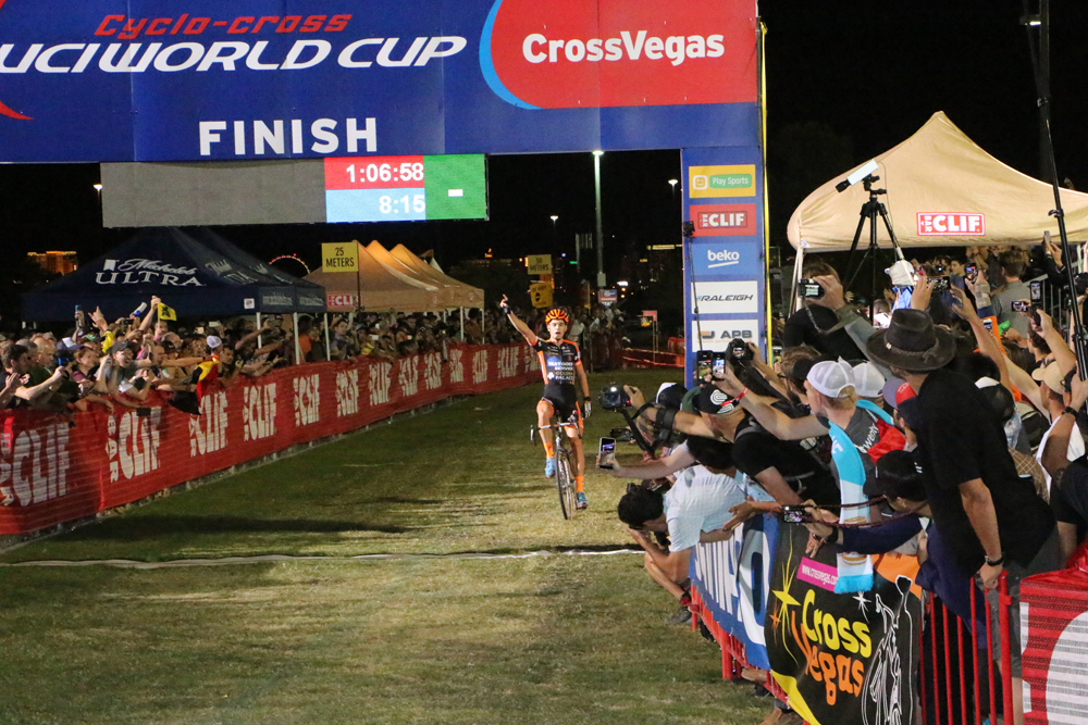 Race winner Wout Van Aert finishes in front of 12000 fans in the 2015 CrossVegas World Cup. Photo by Dave Iltis