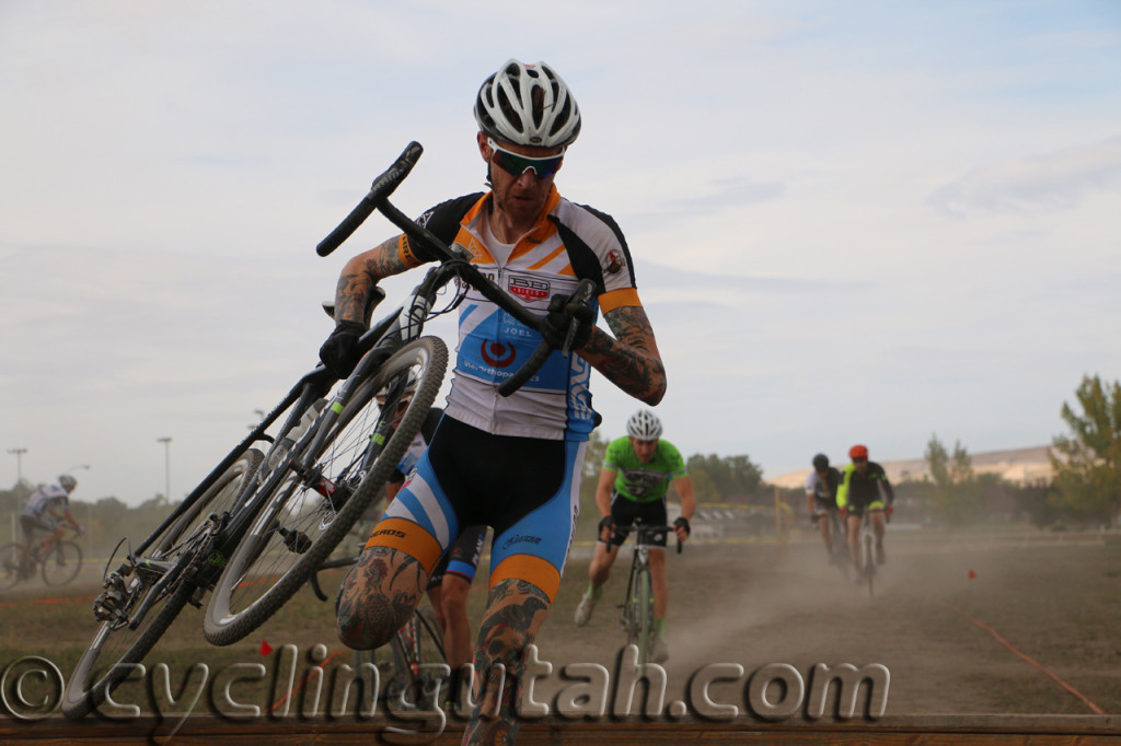 Tim Matthews negotiates the horse jump barrier at the Utah Cyclocross Series Race 4 in Ogden, Utah on 10-17-15 at the Weber County Fairgrounds. Matthews won the 35+ A race. Photo by Dave Iltis