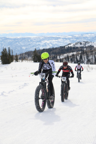 Jason Hawkins (Salt Cycles) on his way to third place in the Men's 30-39 field in the 2015 Fat Bike Nationals at Powder Mountain. The event returns on Februrary 27, 2016. Photo by Dave Iltis