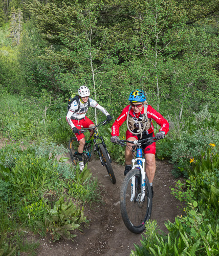 Joanne Labelle and Nancy Rutherford on the Rush Hour Trail. The WYDAHO area is a Silver level IMBA Ride Center because of trails like this.