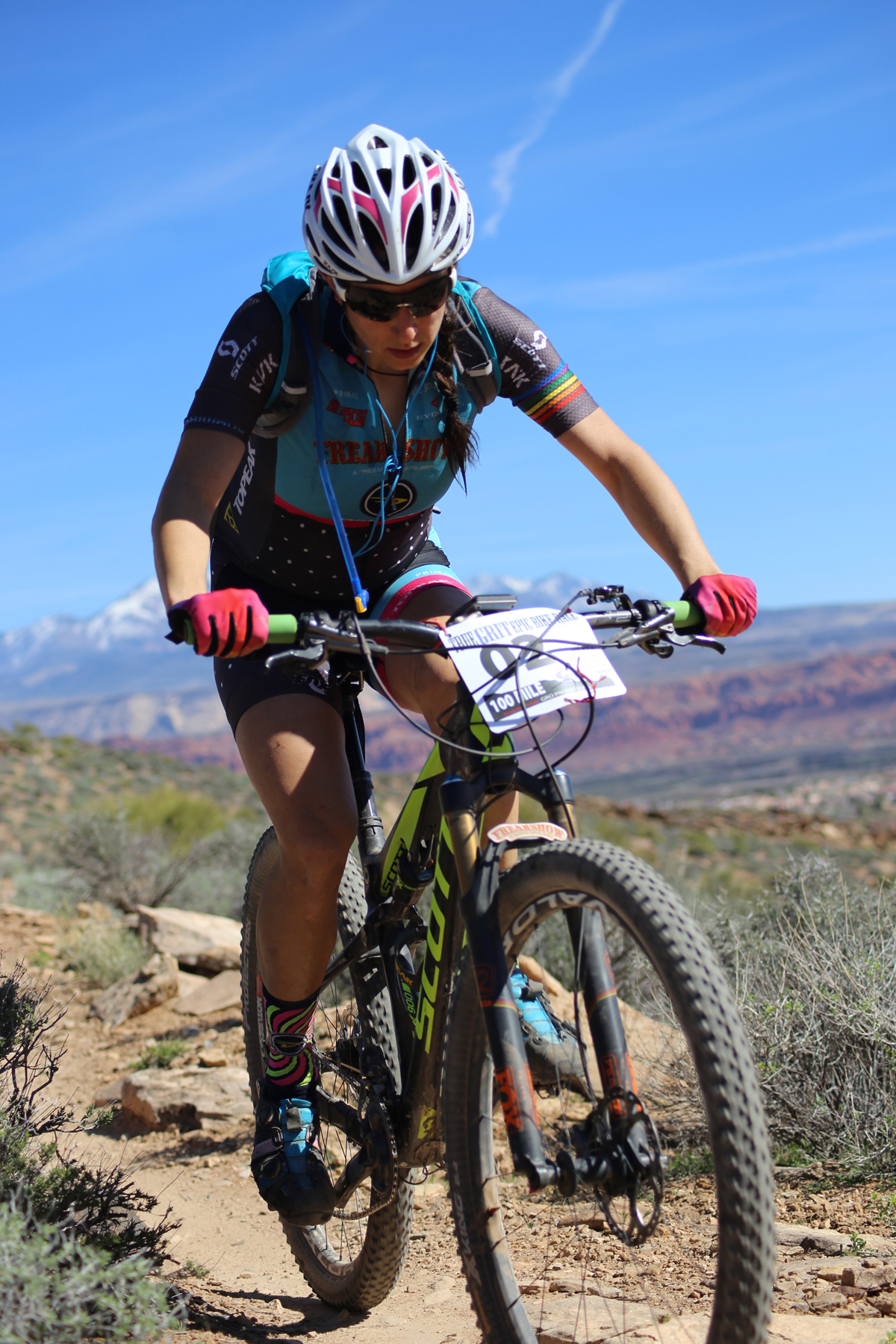 Sonya Looney battled back from an earyly mechanical and overheating to finish 4th in the 100 miler in the 2017 True Grit Mountain Bike Race. Photo by CrawlingSpider.com, find your photo from the race.
