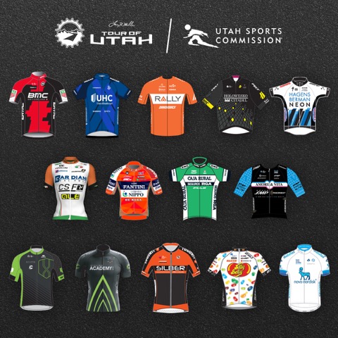 The jerseys of the first 14 of 16 teams for the 2017 Tour of Utah.