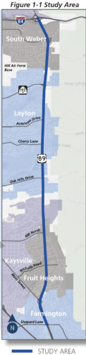Highway 89 from Fruit Heights to S. Ogden, Utah may be converted to a closed access freeway which would eliminate bicycle and pedestrian access. Graphic from the Draft Study.