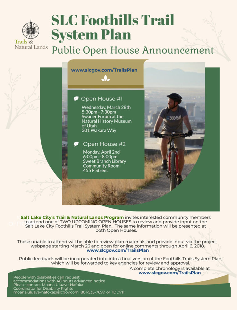 Salt Lake City to Hold Open Houses on Foothills Trails on March 28, 2018 and April 2, 2018
