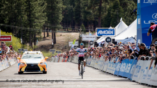 Egan Bernal (Team Sky) points to his team name acknowledge the support they gave hiim to win Men's Stage Six, Folsom to South Lake Tahoe, 2018 Amgen Tour of California cycling race (Photo by Dave Richards, daverphoto.com)