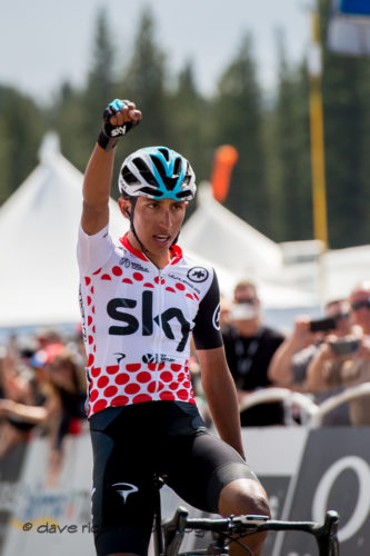 Victory salute Egan Bernal (Team Sky). Men's Stage Six, Folsom to South Lake Tahoe, 2018 Amgen Tour of California cycling race (Photo by Dave Richards, daverphoto.com)