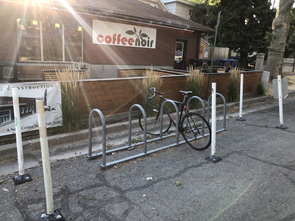 A bike corral at Salt Lake City's Cafe Noir. More corrals are available free for businesses from Salt Lake City's Transportation Division. Photo by Dave Iltis