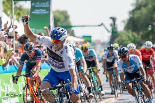 Travis McCabe (United Healthcare) celebrates his Stage 3 win. Stage 3 Antelope Island to Layton, 2018 LHM Tour of Utah cycling race (Photo by Dave Richards, daverphoto.com)