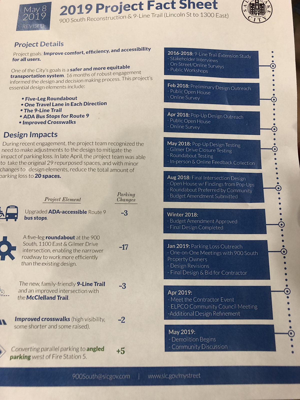 The project fact sheet for 900 S in Salt Lake City from May 8, 2019.