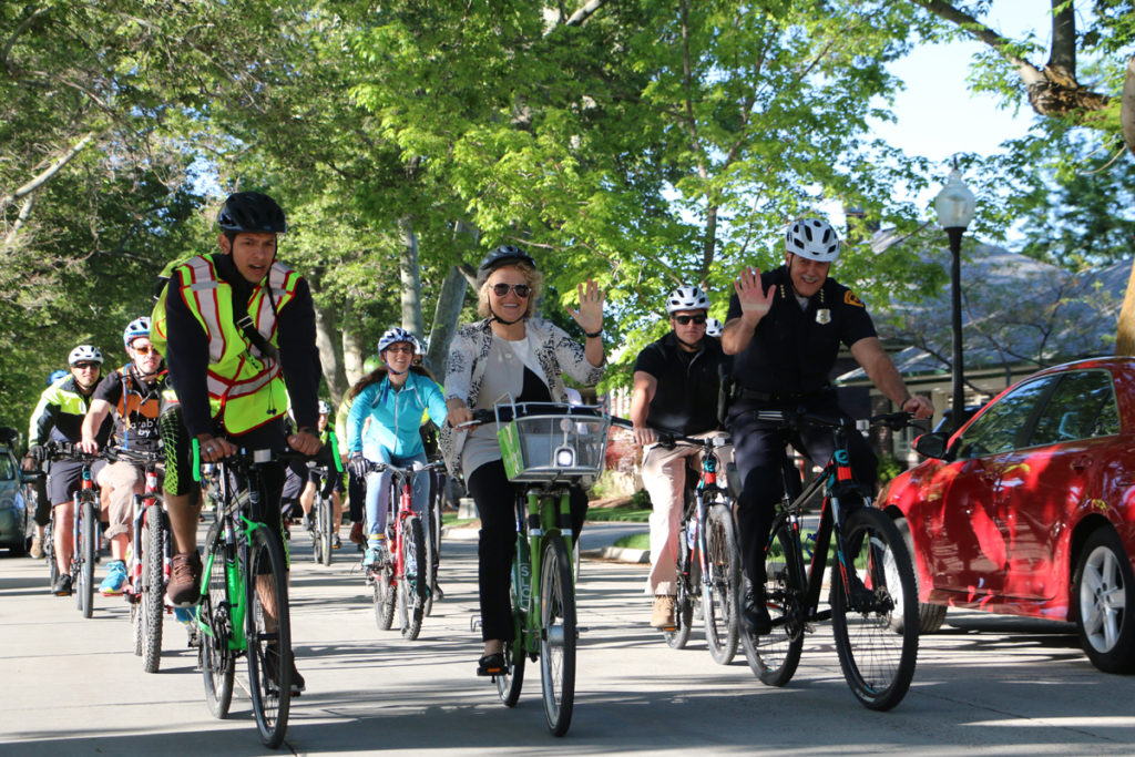 Salt Lake City Mayor Jackie Biskupski leads the 2018 Mayor's Bike to Work Day. The 2019 ride will be on May 16 at 8 am. Photo by Dave Iltis