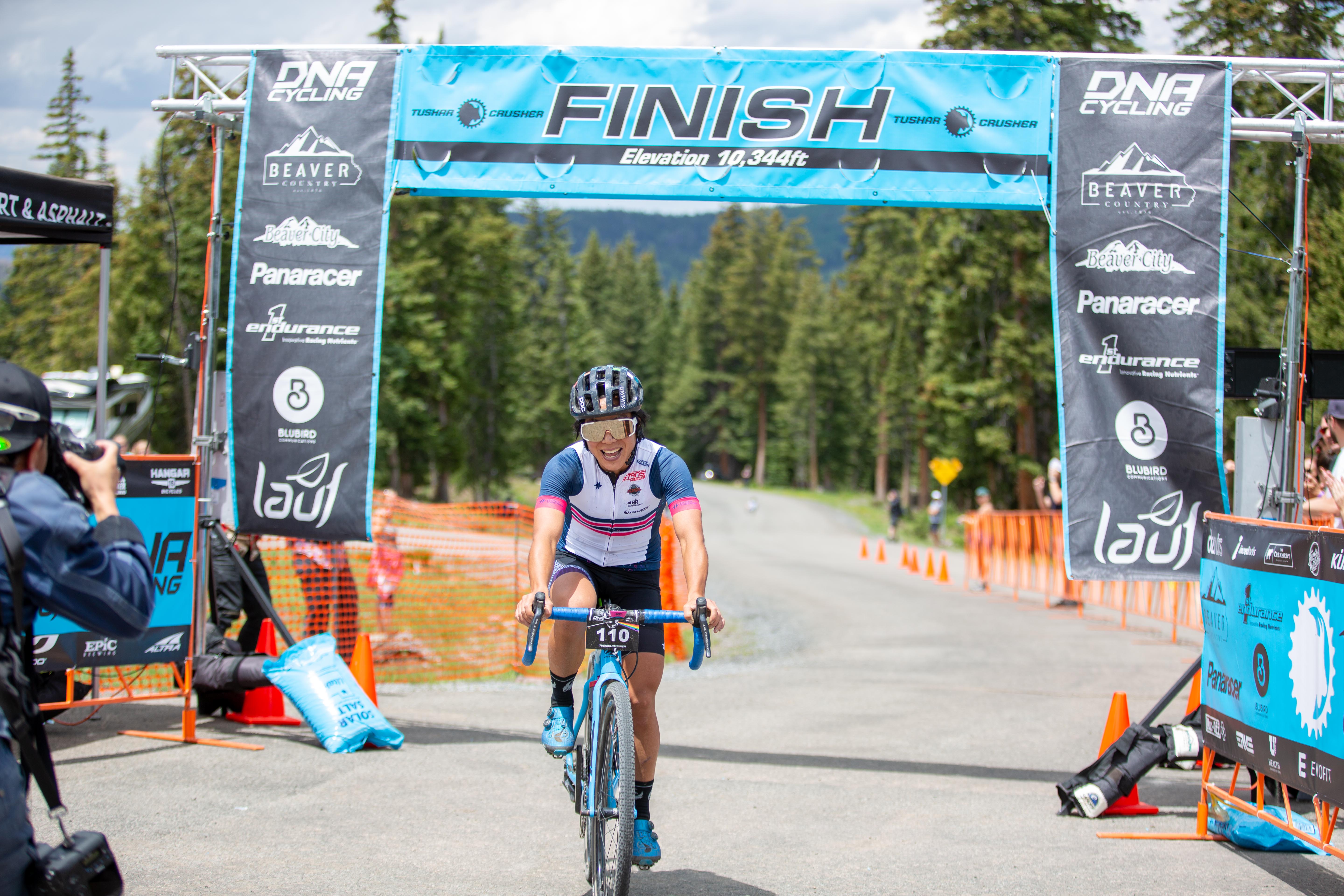 Evelyn Dong (Pivot-Stan's NoTubes) crosses the line in 5:02 to take the women's race in her first attempt.