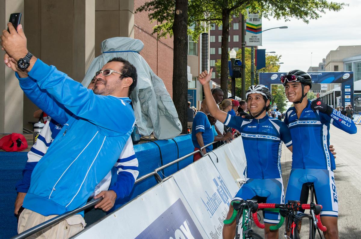 My new friends from the El Salvador men's road team taking a team selfie, UCI 2015 Road Worlds.