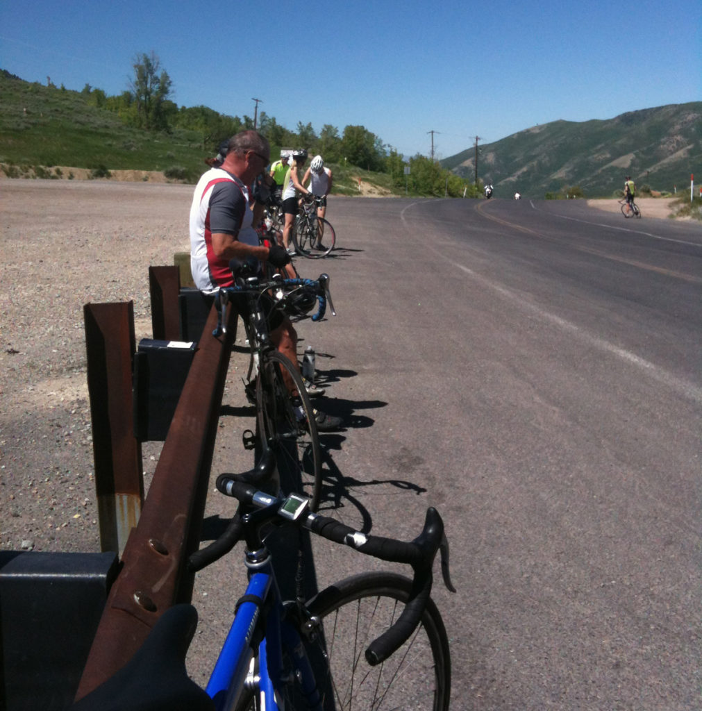 Cyclists congregate on the Little Mountain Summit at the top of Emigration Canyon. Emigration Canyon is the most popular recreational bike ride in Utah. Photo by Dave Iltis
