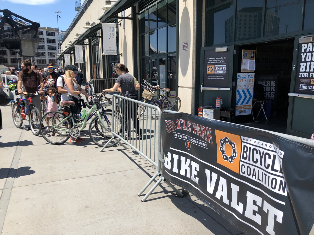 This bike valet at the San Francisco Giant's baseball stadium is run by the San Francisco Bicycle Coalition. Programs like this, and San Francisco's extensive bike network are reasons that San Francisco has a high participation rate in cycling. Photo by Dave Iltis