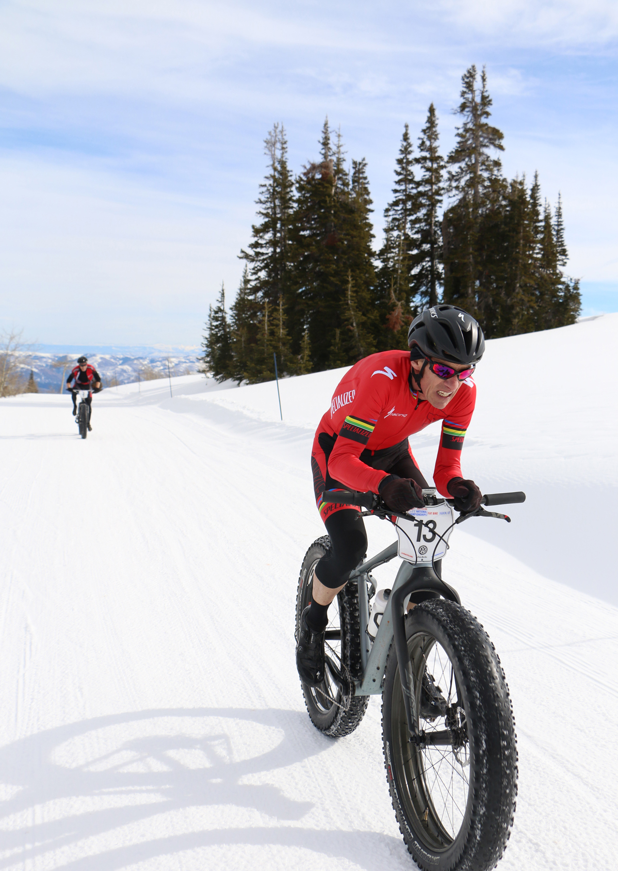 Ned Overend in the midst of a devastating last lap attack on his way to winning the pro Fat Bike National Championship at Powder Mountain on February 14, 2015. Photo by Dave Iltis