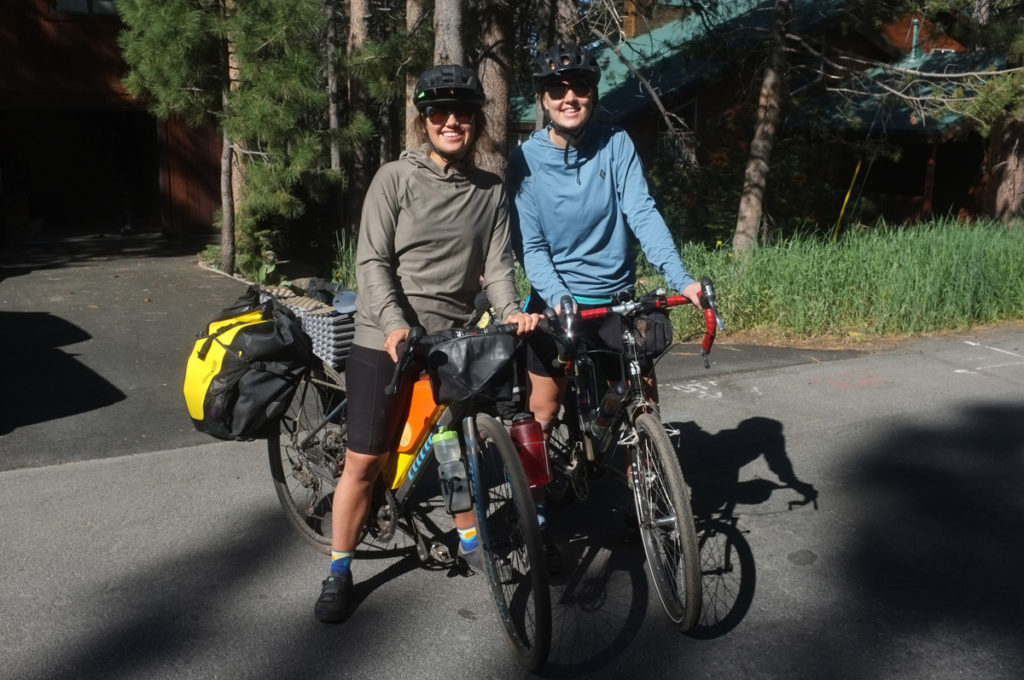Rain Felkl (left) and Clara Hatcher prepare to start their bikepacking journey from Truckee, California, to Yosemite National Park. Photo by Clay James