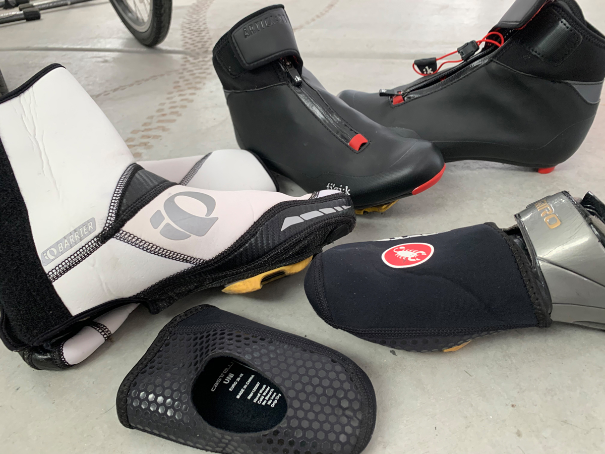 Cycling shoe cover options for warm winter cycling. Photo by Jamie Morningstar