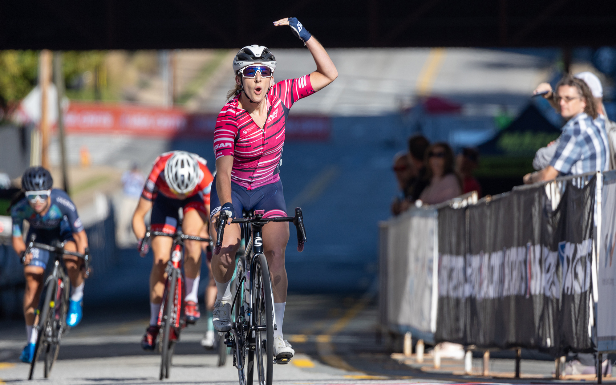 Maggie Coles-Lyster winning the second Winston-Salem Criterium at the 2021 Winston-Salem Cycling Classic. Photo Credit: Snowy Mountain Photography.