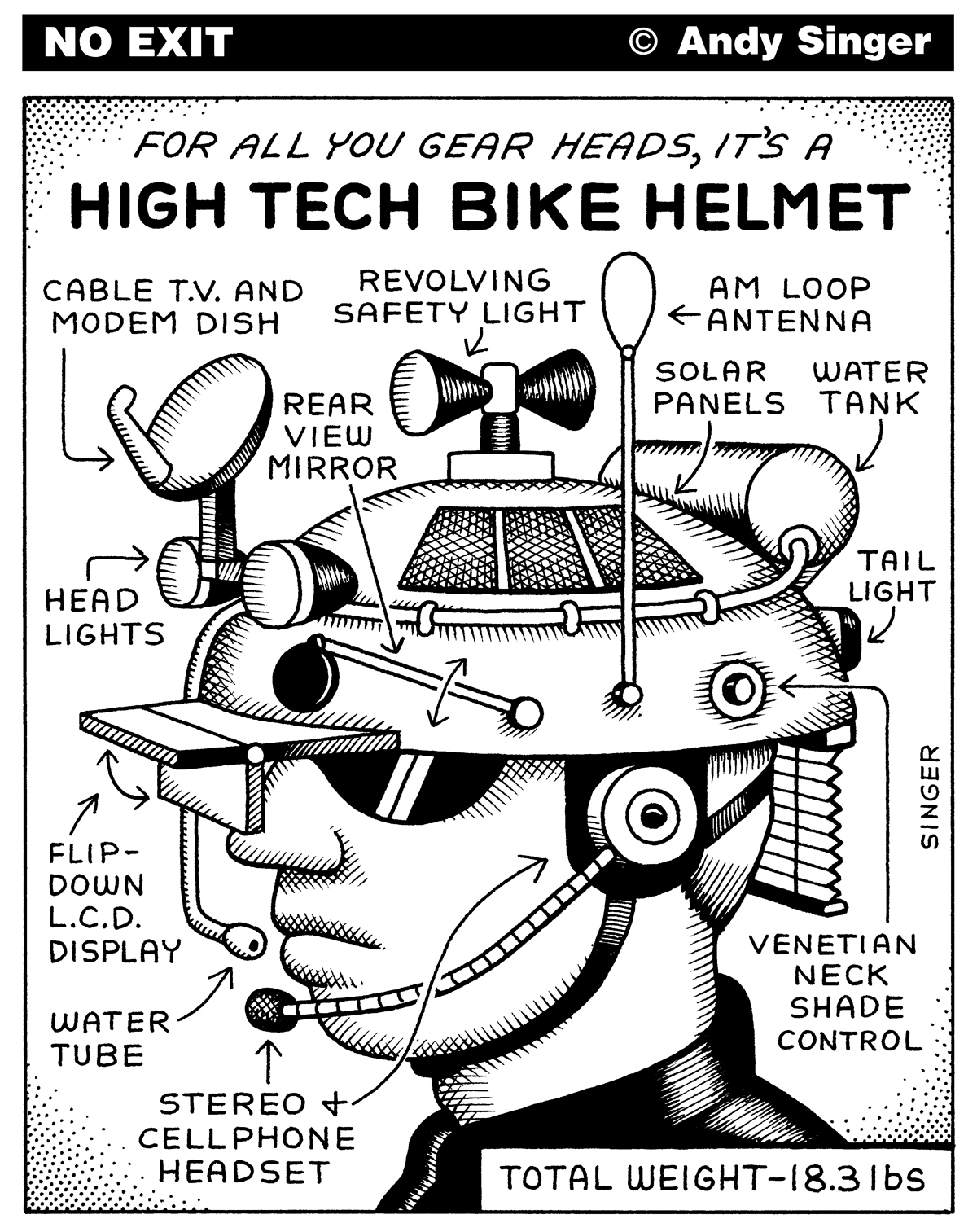 High Tech Bike Helmet. Cartoon by Andy Singer