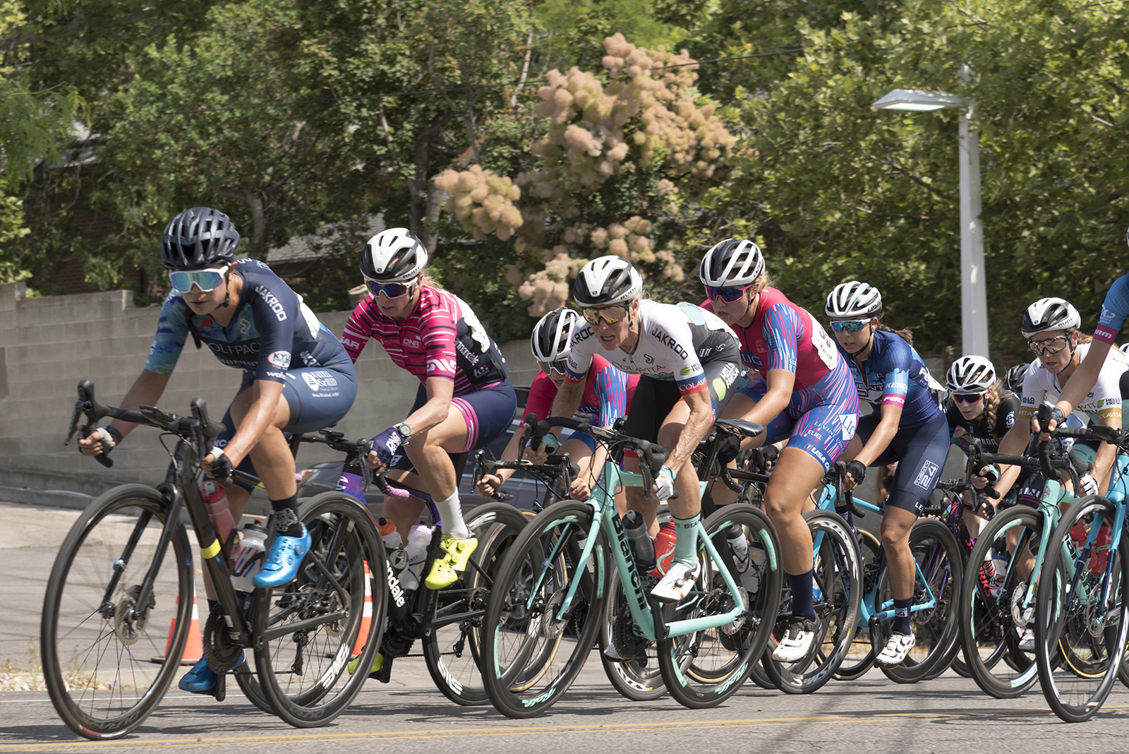 The Pro women charging hard up 2300 East at the Holladay Criterium, July 18, 2021 (Day 2 of the Salt Lake Criterium weekend). Photo by Steven L. Sheffield.