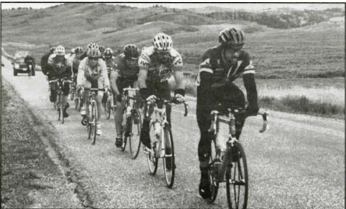 The pack begins a push to catch the solo breakaway of Rob Van Kirk. Dave Wood, second in line eventually bridged to Van Kirk along with Marty Jemison, the eventual winner. Wood finished third behind Van Kirk. Photo by David R. Ward
