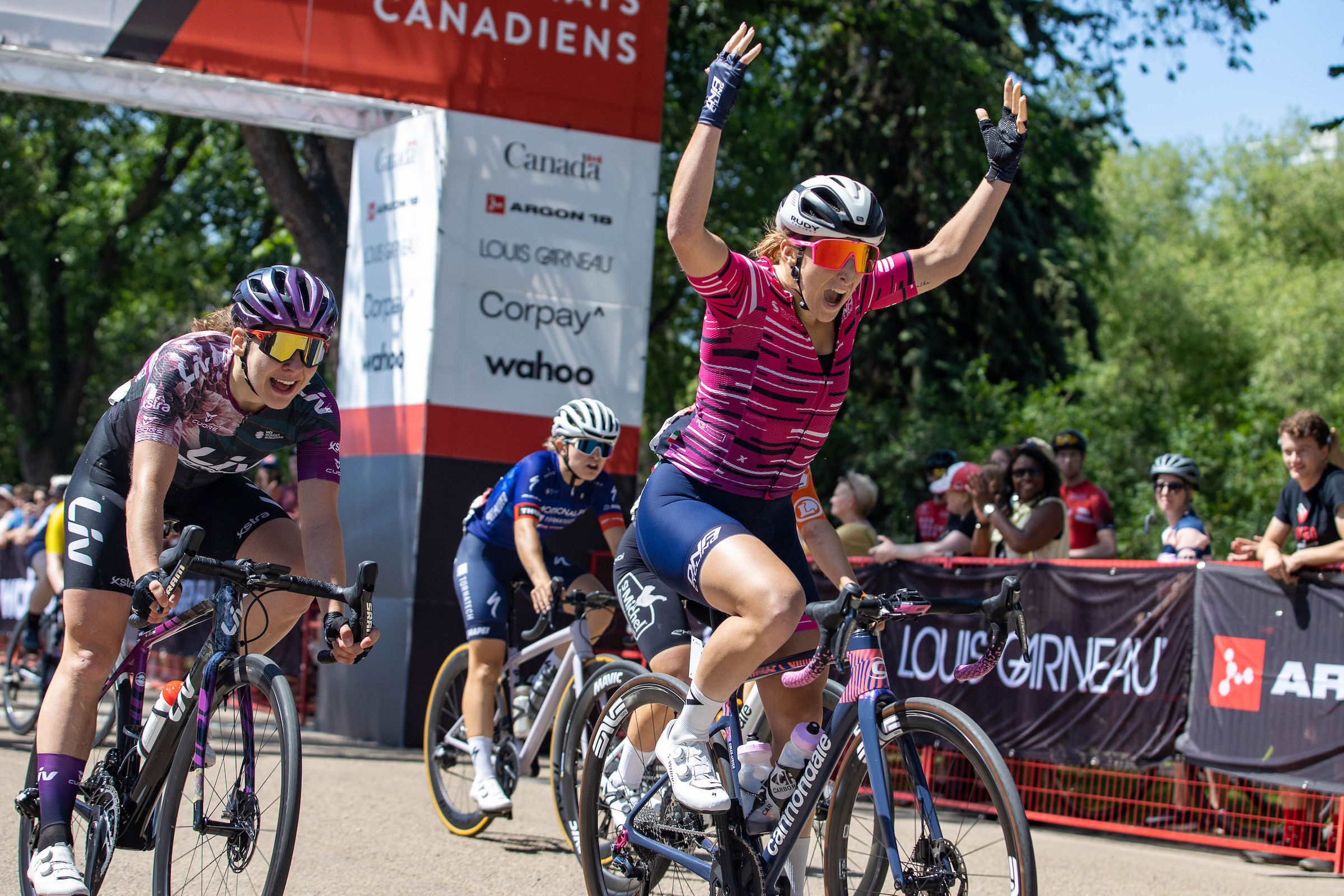 Maggie Coles-Lyster sprints for the win in the 2022 Canadian Elite National Road Race Championship. (Photo: Curtis Comeau)